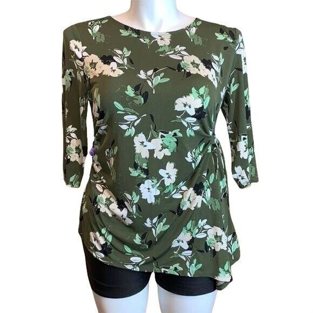 Alfani Womens Blouse Swing Top Floral Print Side Tie Stretch Green White PXL